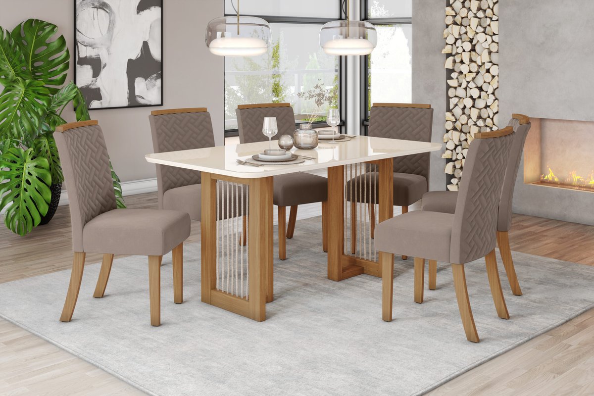 CONJUNTO COMEDOR 1600 CON VIDRIO YARA 6 SILLAS MALU TELA MARRON ALMENDRA