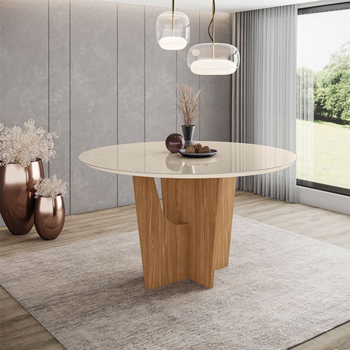 CONJUNTO COMEDOR REDONDO 1400 VERTICE CON VIDRIO 6 SILLA ANNE NATURE| OFF WHITE | CARAMELO CREMA - 8