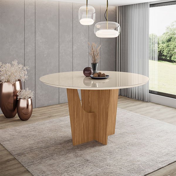 CONJUNTO COMEDOR REDONDO 1400 VERTICE CON VIDRIO 6 SILLA ANNE NATURE| OFF WHITE | CARAMELO CREMA