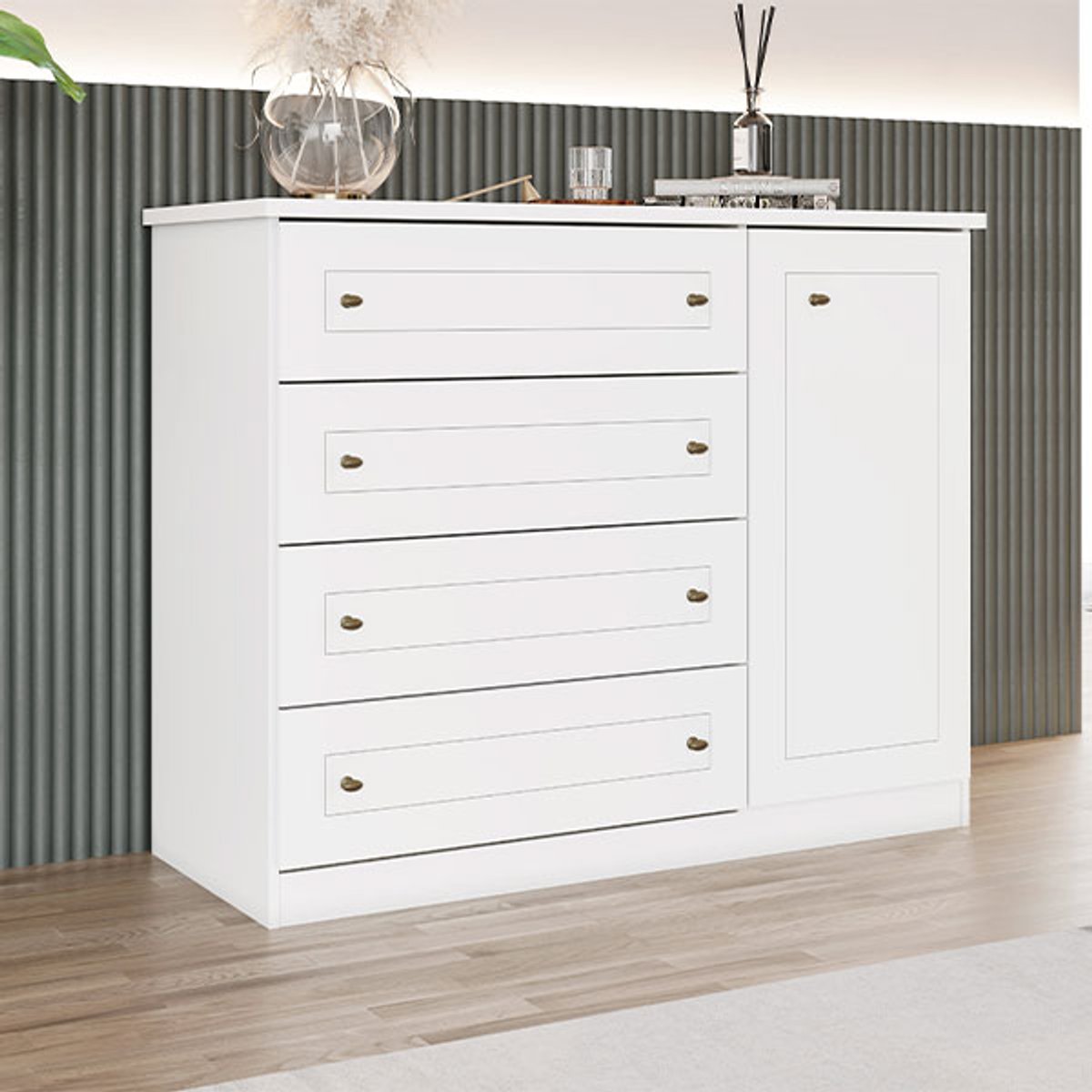 COMODA 1 PUERTA 4 CAJONES AMERICANA D715 BRANCO