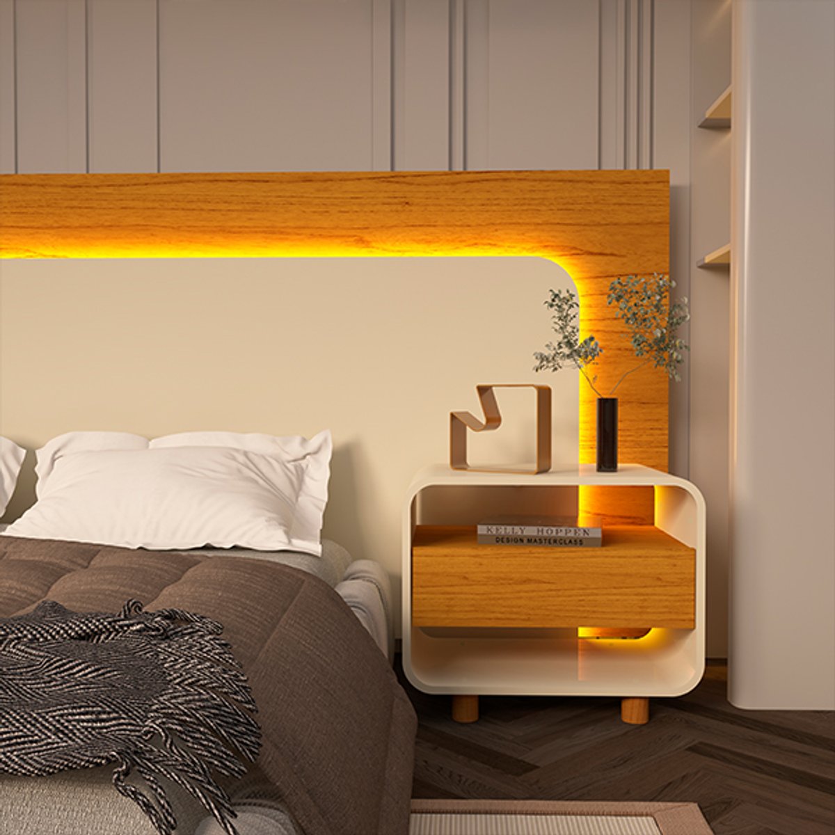 CONJUNTO CABECERA + MESITA DE LUZ 1,40/1,60/1,95  GELIUS NATURE | OFF WHITE - 5