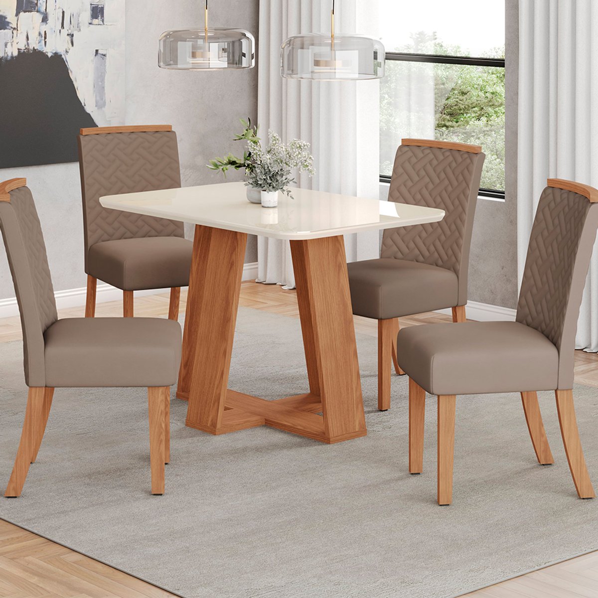 CONJUNTO COMEDOR 1200 CON VIDRIO LINS 120 4 SILLAS MALU NATURE | OFF WHITE | TAPIZADO MARRON ALMENDRA