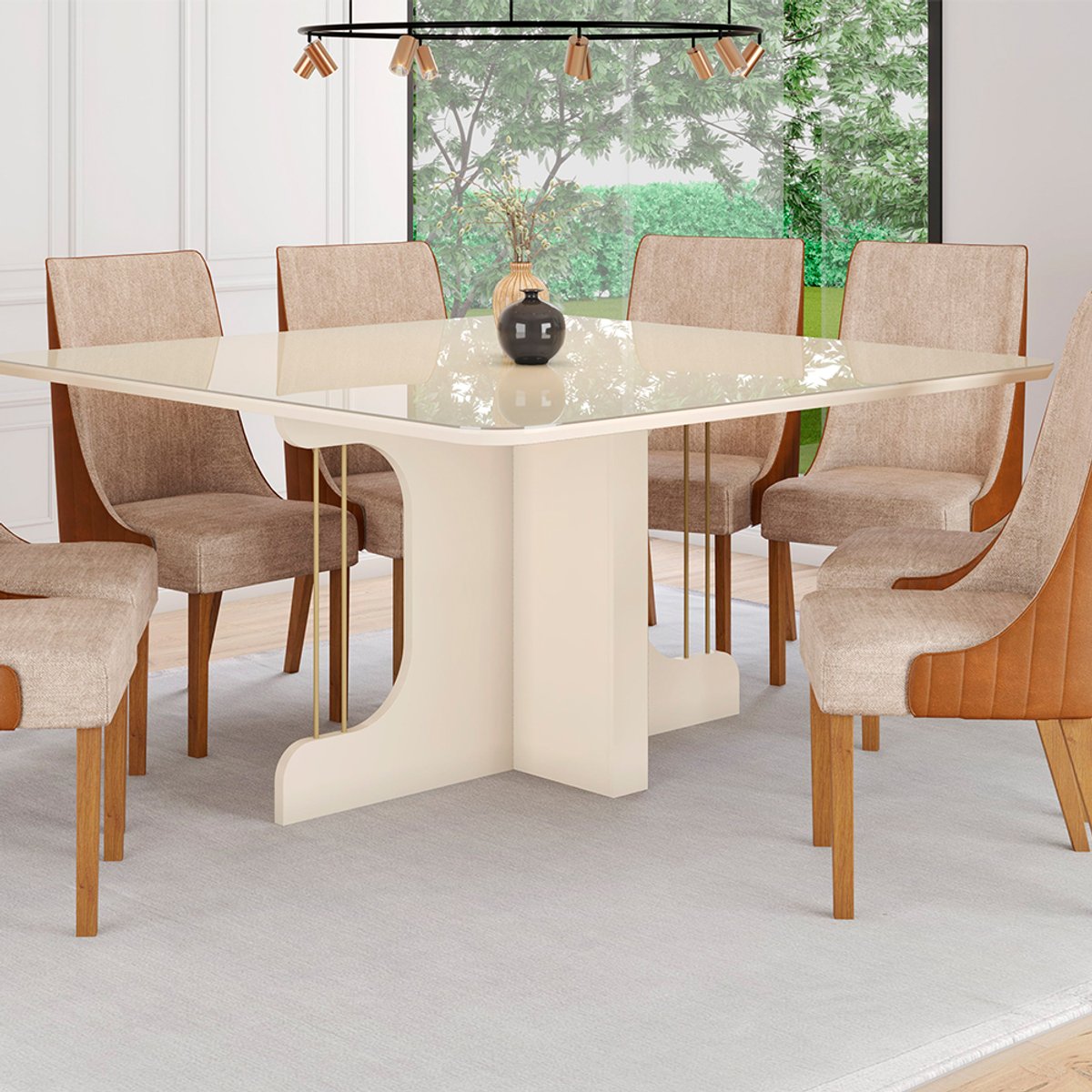 CONJUNTO COMEDOR 1500 CON VIDRIO MAVI 8 SILLAS IVY OFF WHITE | TAPIZADO CORANO CARAMELO | CREME