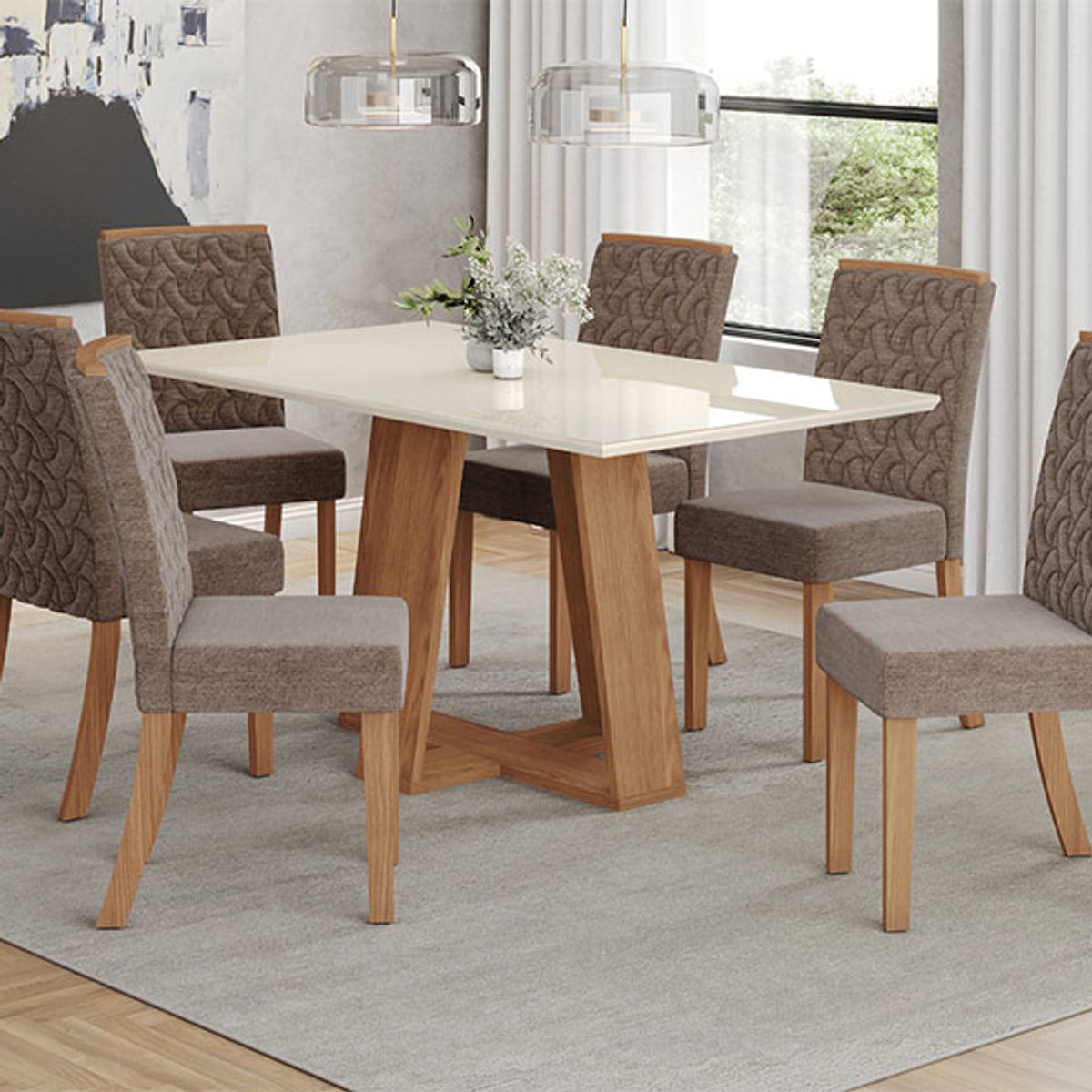 CONJUNTO COMEDOR 1600 CON VIDRIO LINS 6 SILLAS ESTHER OFF WHITE | TELA CACAO - 3