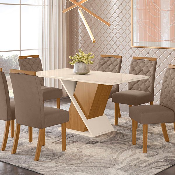 CONJUNTO COMEDOR 1600 CON VIDRIO SOLUS 6 SILLAS BELLA TELA MARRON ALMENDRA