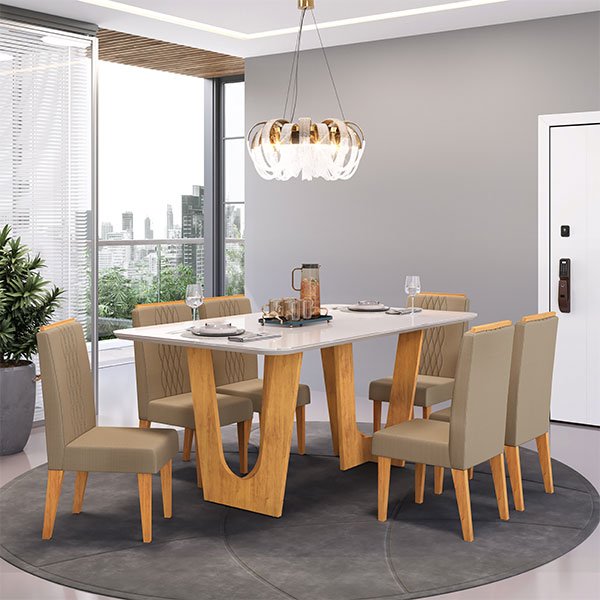 CONJUNTO COMEDOR 1700 CON TAMPO DE VIDRIO NALA 6 SILLAS