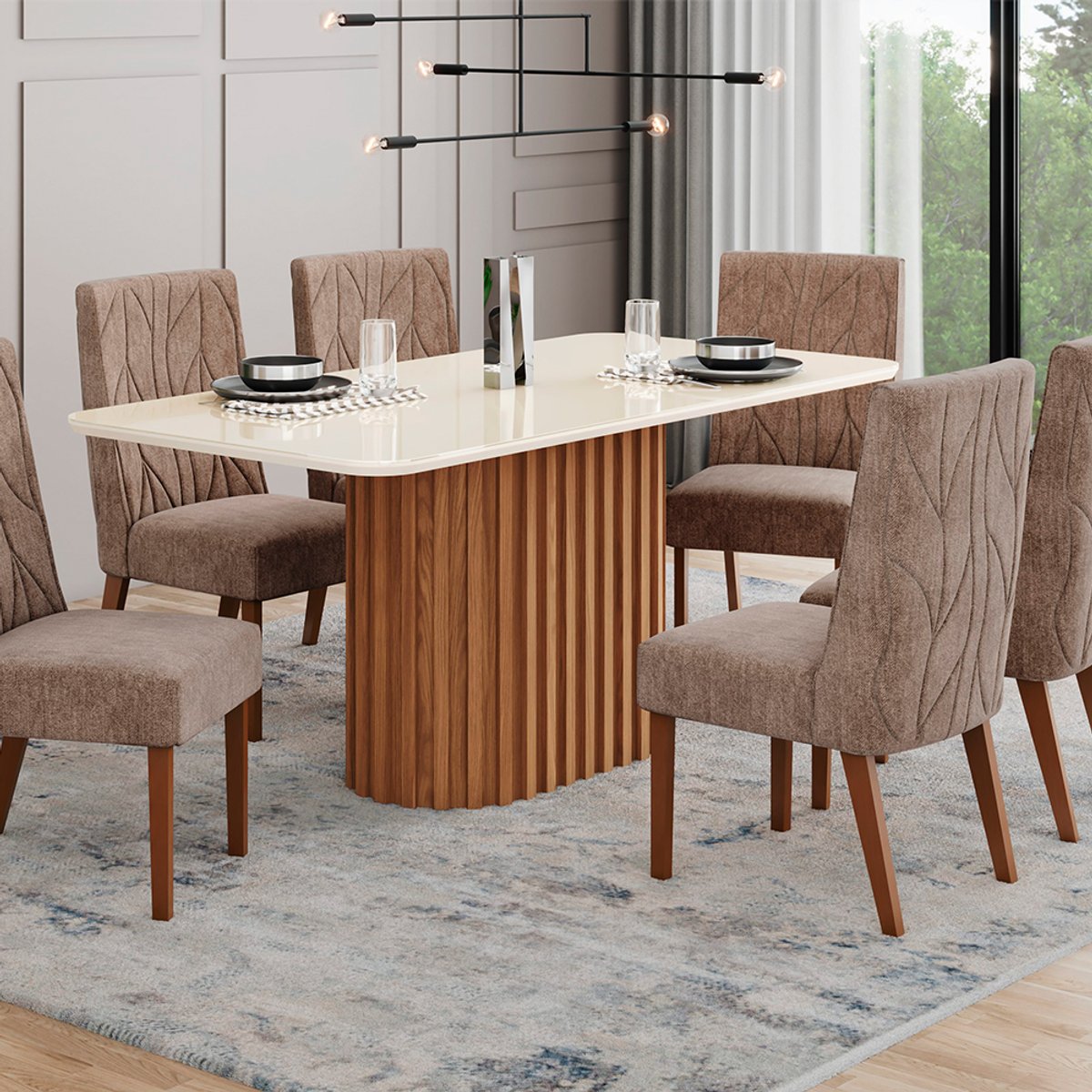 CONJUNTO COMEDOR 1800 CON VIDRIO SOLANA 6 SILLAS ELOA NATURE | OFF WHITE | TAPIZADO CACAO - 7