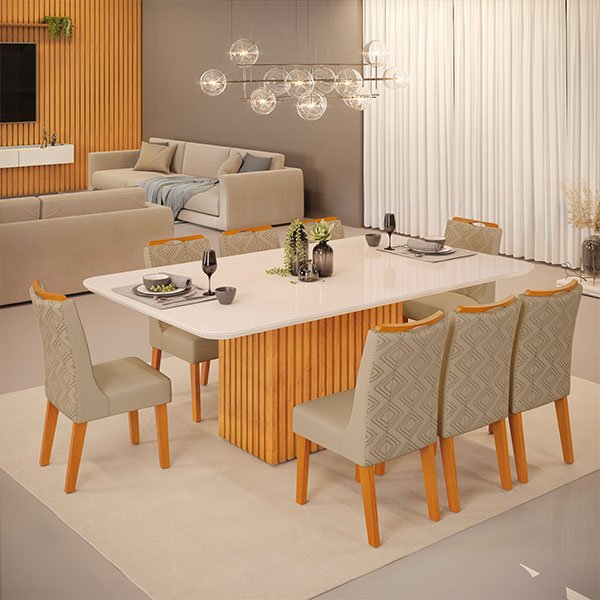 CONJUNTO COMEDOR 2000 CON VIDRIO CANES 8 SILLAS STELA DJ MADERA LINHO|BEGE