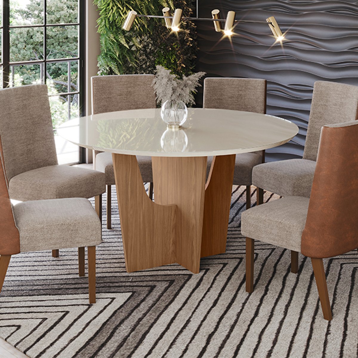 CONJUNTO COMEDOR REDONDO 1400 VERTICE CON VIDRIO 6 SILLA ANNE NATURE| OFF WHITE | CARAMELO CREMA