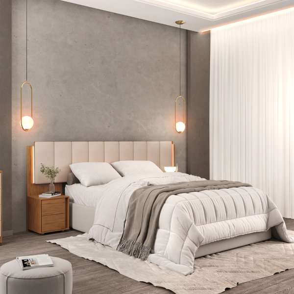 CABECERA TAPIZADA CON MESITA Y LED MALU  FREIJO | KRAFT