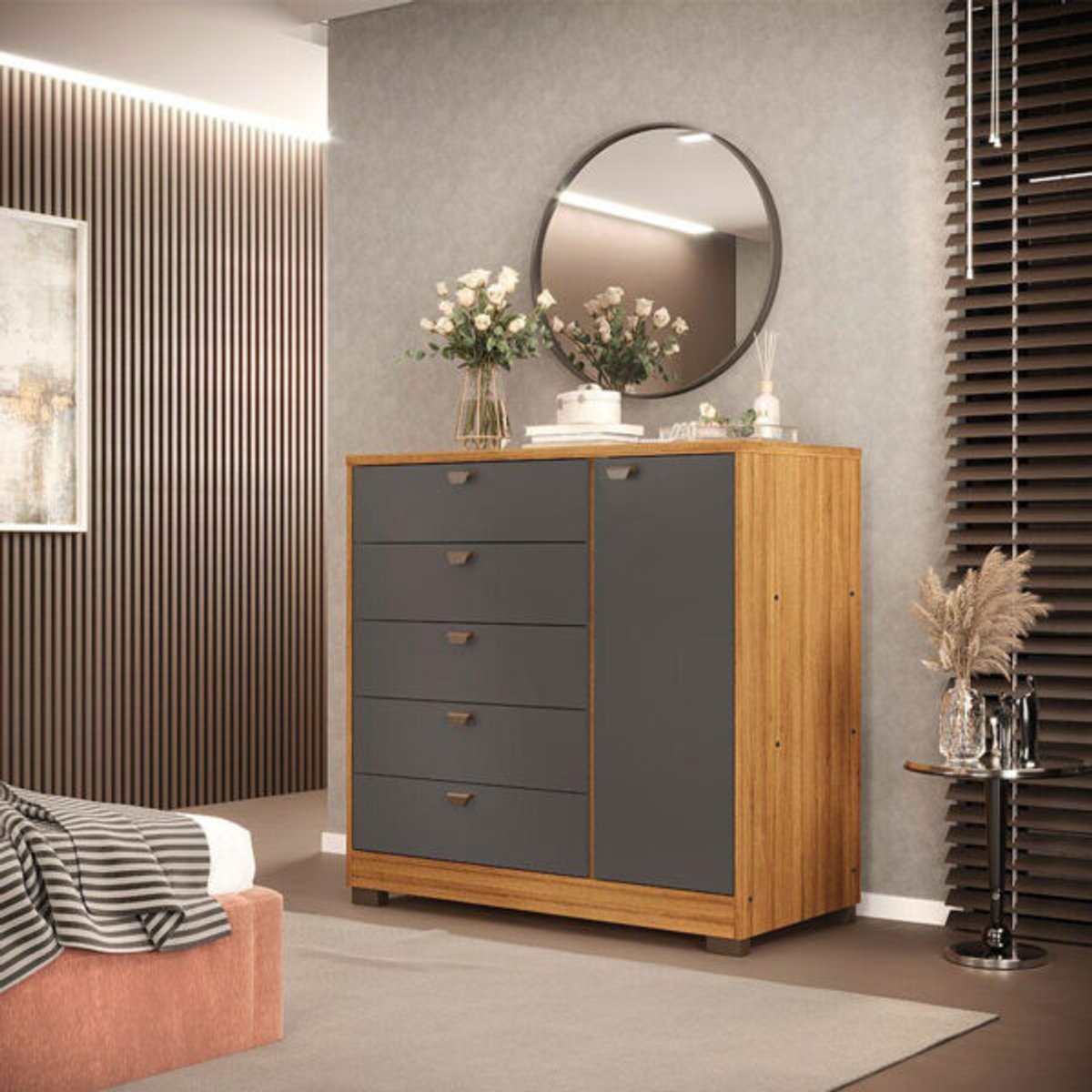 CÓMODA 1 PUERTA 5 CAJONES FERRARA MIEL | GRIS URBANO