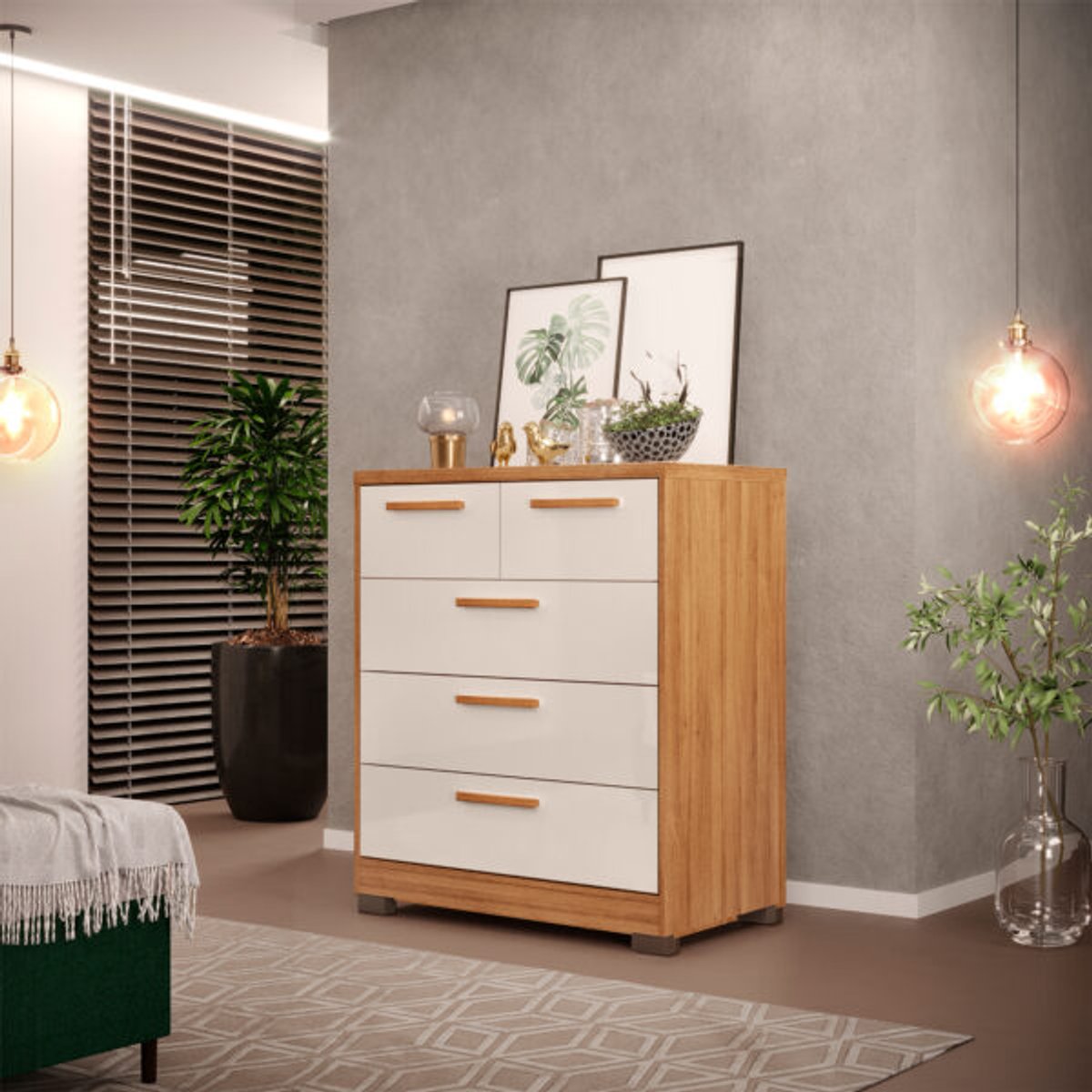 CÓMODA 5 CAJONES REQUINTE MIEL|OFF WHITE