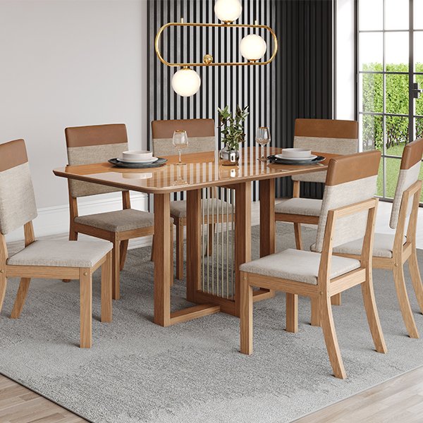 CONJUNTO COMEDOR 1600 NATALÍ ARREDONDADA CON VIDRIO 6 SILLAS MILLA PLUS NATURE | CORANO CREME