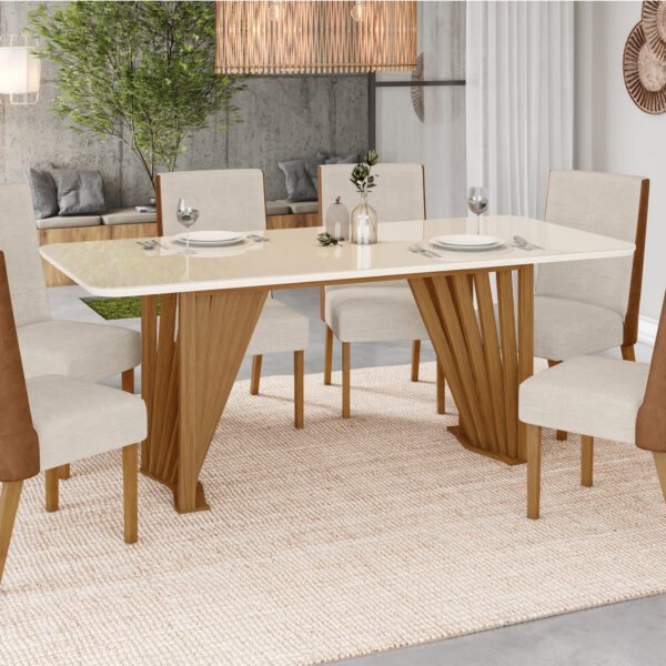CONJUNTO COMEDOR ARREDONDADA CON VIDRIO ADRIANA 6 SILLAS ANNE NATURE|OFF WHITE SILLA CUERO ECOLOGICO|LINO
