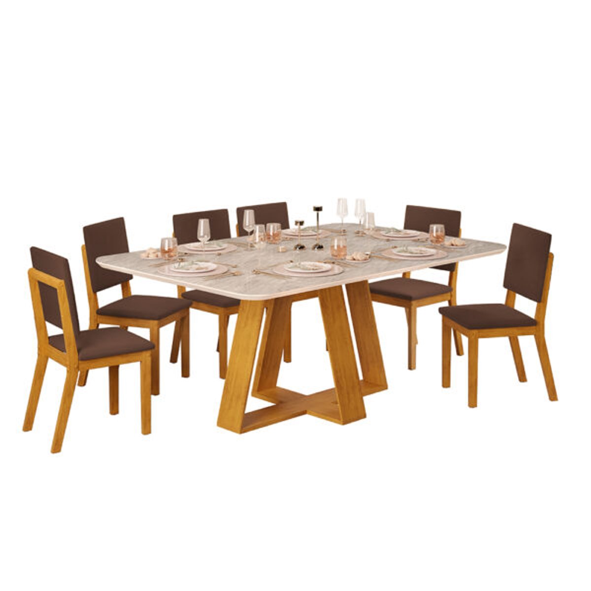CONJUNTO COMEDOR 1700 CELESTE 6 SILLAS TALIA CEDRO | QUARTZO | CEDRO | VELUDO MOCA