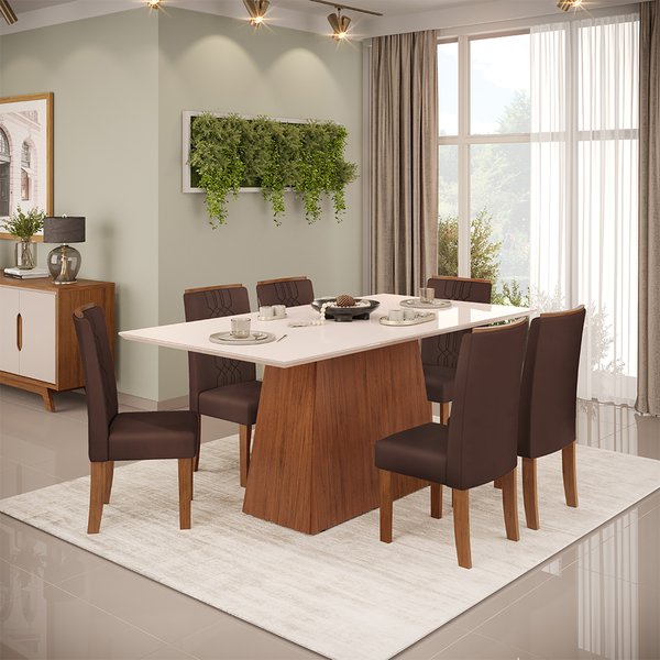 CONJUNTO COMEDOR 1800 CON VIDRIO DULCE 6 SILLAS ZOE CEDRO | OFF WHITE | VELUDO MOCA