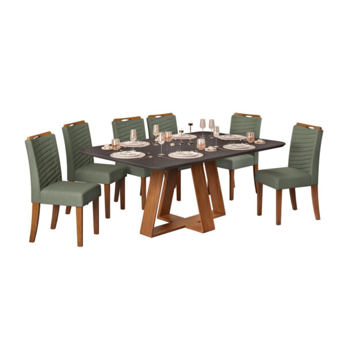 CONJUNTO COMEDOR 1600 CON VIDRIO CELESTE 6 SILLAS