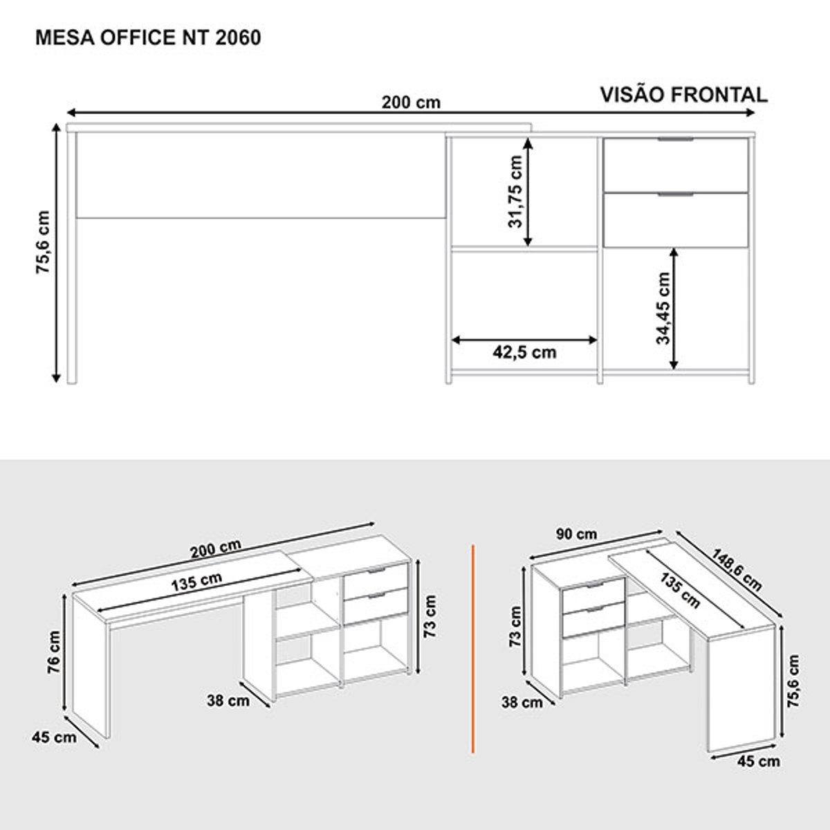 MESA OFFICE 2 CAJONES NT2060 NEGRO TX - 6