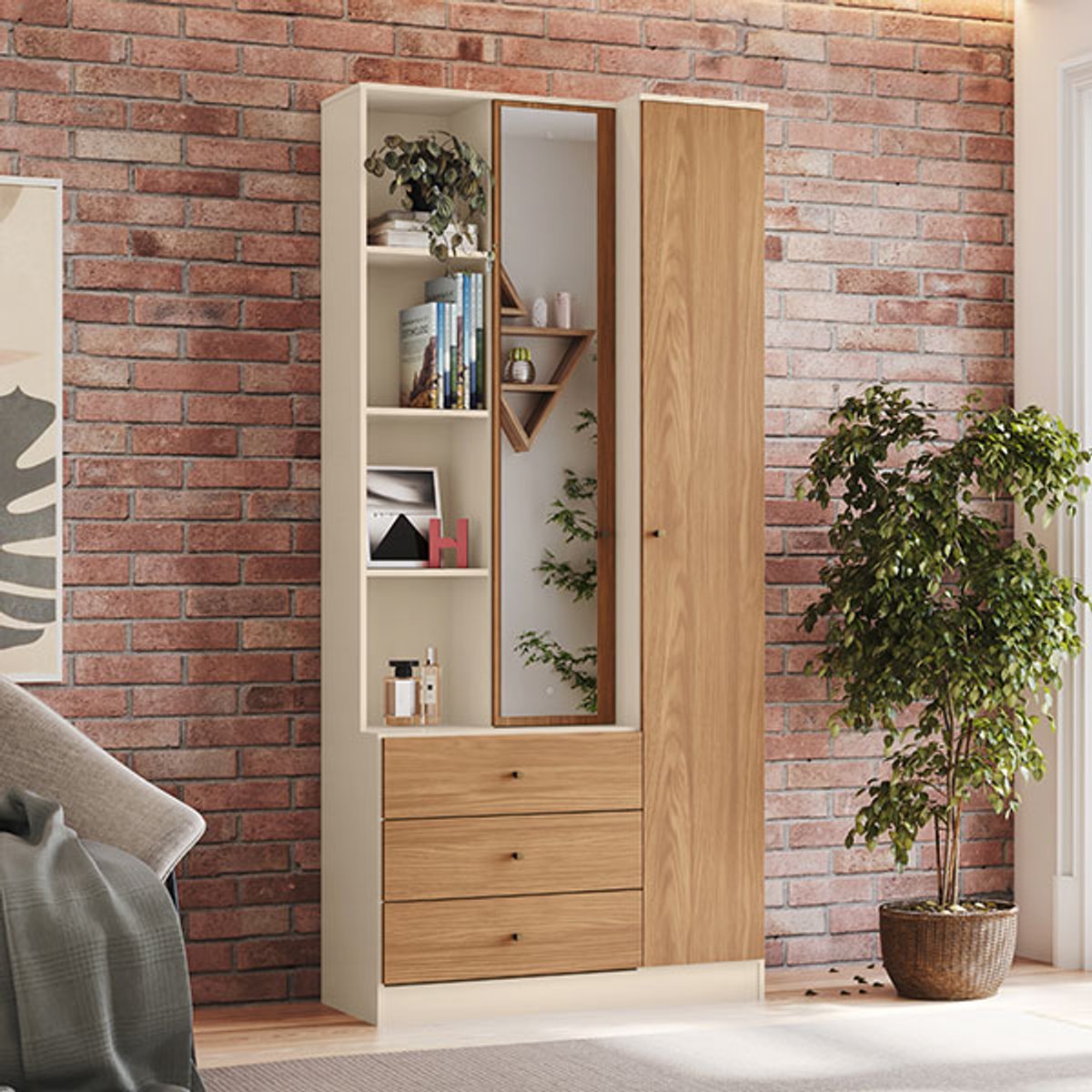 MULTIUSO 1 PUERTA 3 CAJONES CON ESPEJO DOHA OFF WHITE NATURE - 2