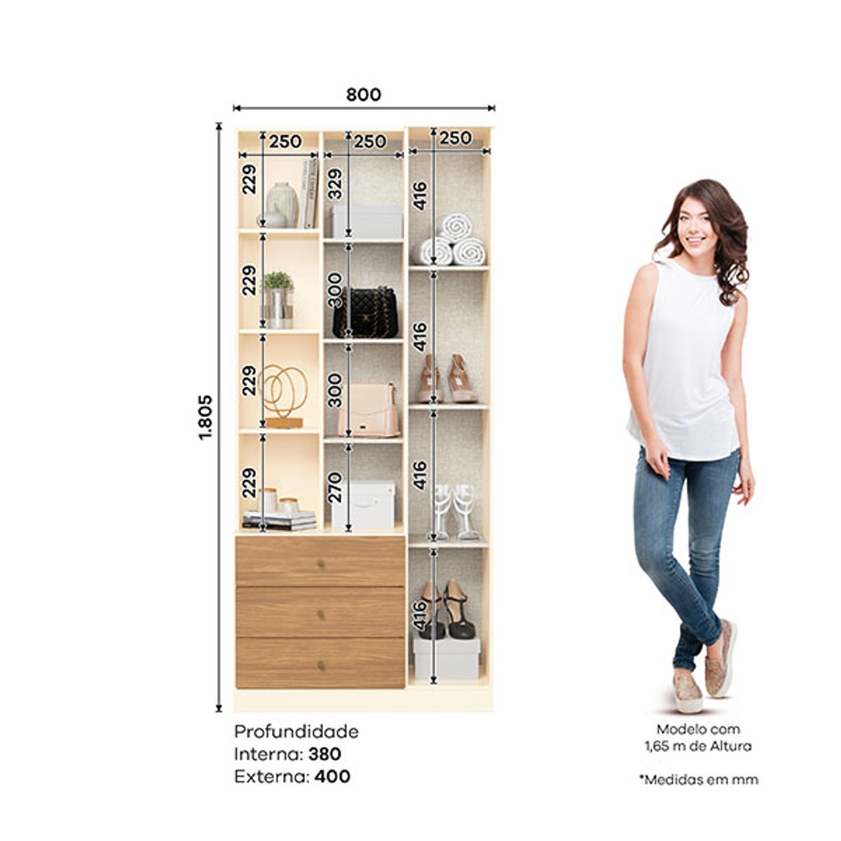 MULTIUSO 1 PUERTA 3 CAJONES CON ESPEJO DOHA OFF WHITE NATURE - 5