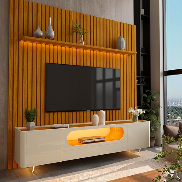 PANEL CON LEDS NOBRE 230 + RACK CON LEDS Y CON PATAS DE VIDRIO NOBRE 210 NATURE | OFF WHITE