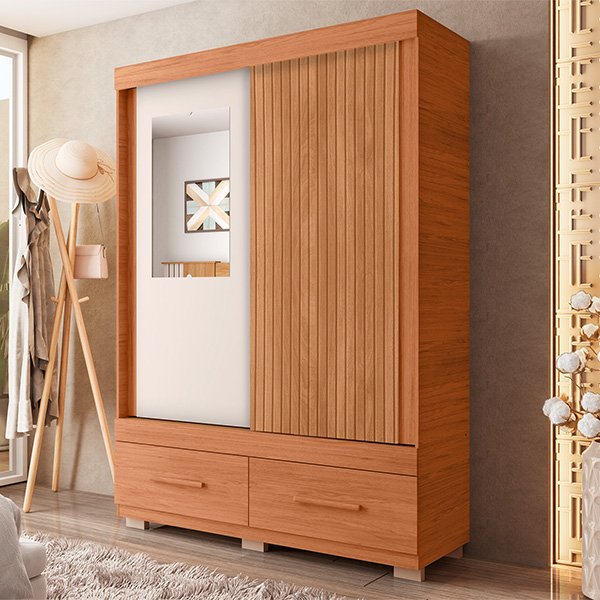 ROPERO 2 PUERTAS CORREDIZAS CON ESPEJO 1.36 SERENO FREIJO|OFF RIPADO