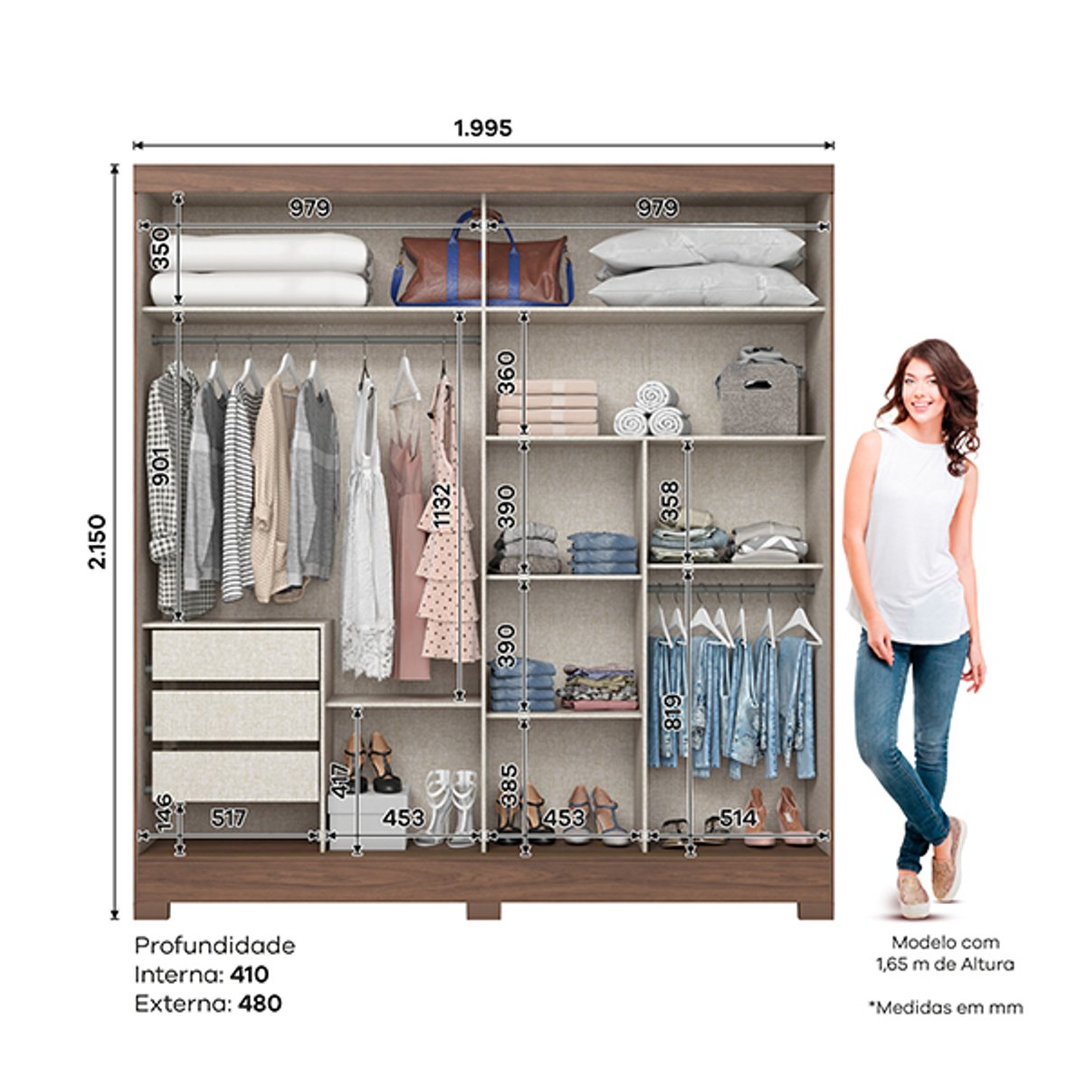 ROPERO 2 PUERTAS CORREDIZAS CON ESPEJO BE304 CASTAÑO - 2