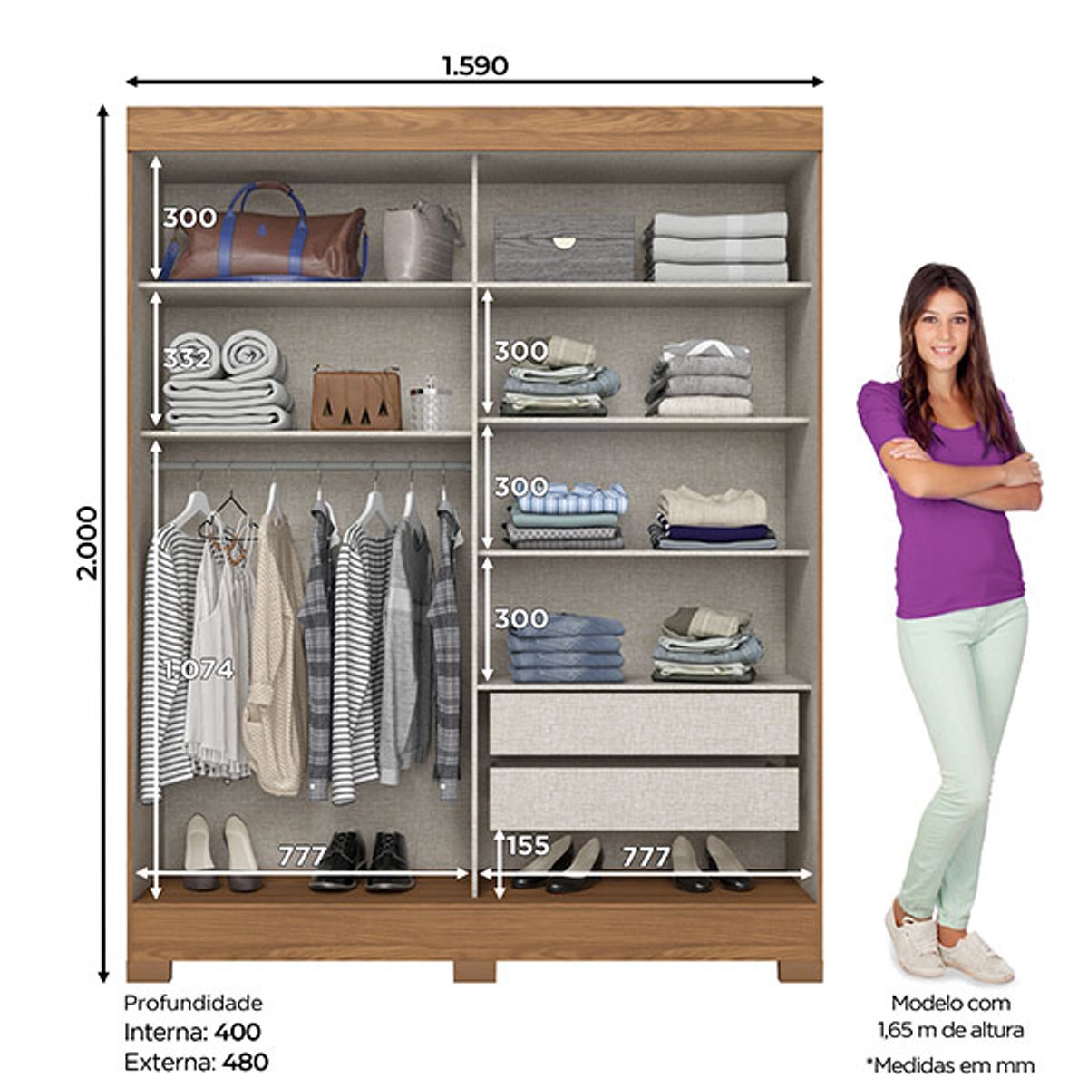 ROPERO 2 PUERTAS CORREDIZAS CON ESPEJO BE309 BRIZ JEQUITIBA|JEQUITIBA|NEGRO - 3