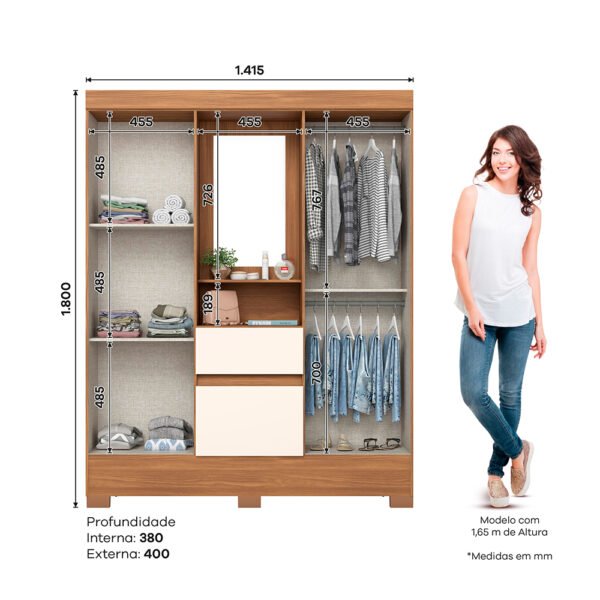 ROPERO 4 PUERTAS 2 CAJONES CON ESPEJO CAPELINHA BS07 BRIZ NATURE | OFF WHITE