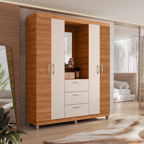 ROPERO 4 PUERTAS 3 CAJONES CON ESPEJO CAPELINHA CLAPTON 1.5 FREIJO| OFF WHITE RIPADO