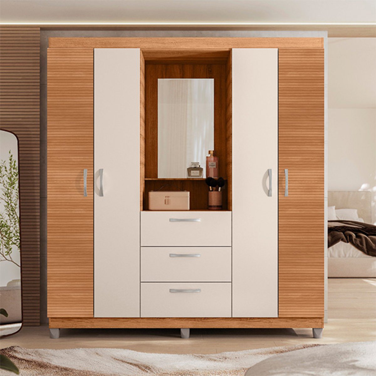 ROPERO 4 PUERTAS 3 CAJONES CON ESPEJO CAPELINHA CLAPTON 1.5 FREIJO| OFF WHITE RIPADO - 2