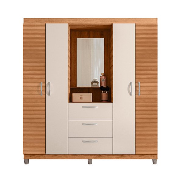 ROPERO 4 PUERTAS 3 CAJONES CON ESPEJO CAPELINHA CLAPTON 1.5 FREIJO| OFF WHITE RIPADO