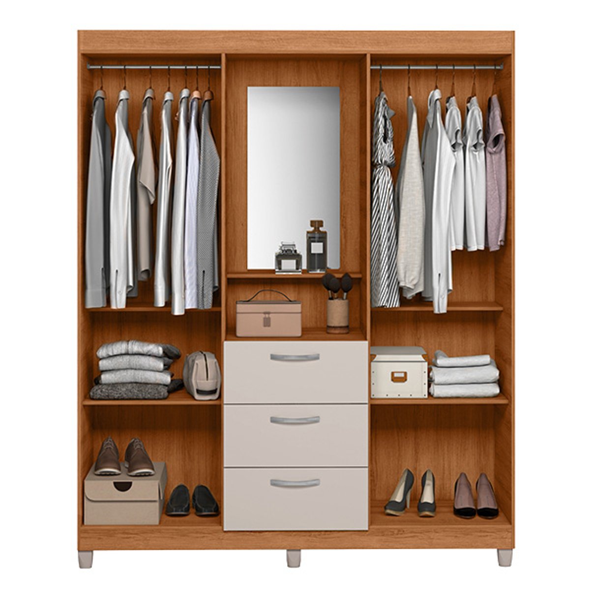 ROPERO 4 PUERTAS 3 CAJONES CON ESPEJO CAPELINHA CLAPTON 1.5 FREIJO| OFF WHITE RIPADO - 4