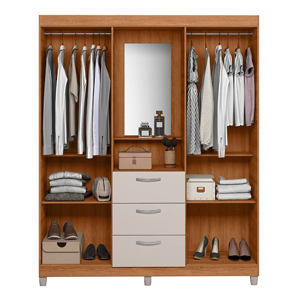 ROPERO 4 PUERTAS 3 CAJONES CON ESPEJO CAPELINHA CLAPTON 1.5 FREIJO| OFF WHITE RIPADO