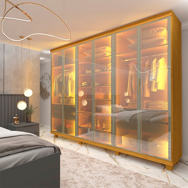 ROPERO 6 PUERTAS REFLECTA CON LEDS CON ESPEJO IMPERATRIZ GELIUS NATURE