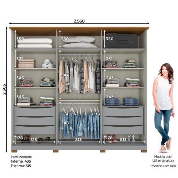 ROPERO 6 PUERTAS CON ESPEJO NAPOLI D308 HENN GRIS|NATURE