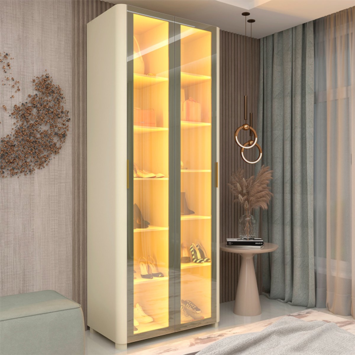  ZAPATERA 2 PUERTAS REFLECTA CON LEDS CON PATAS GELIUS OFF WHITE - 5