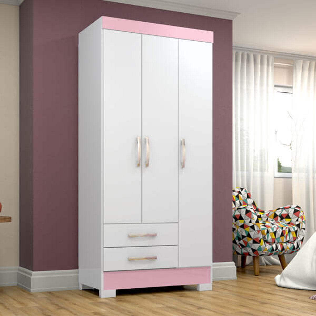 ROPERO 3 PUERTAS 2 CAJONES BE16 BLANCO|ROSA FLEX