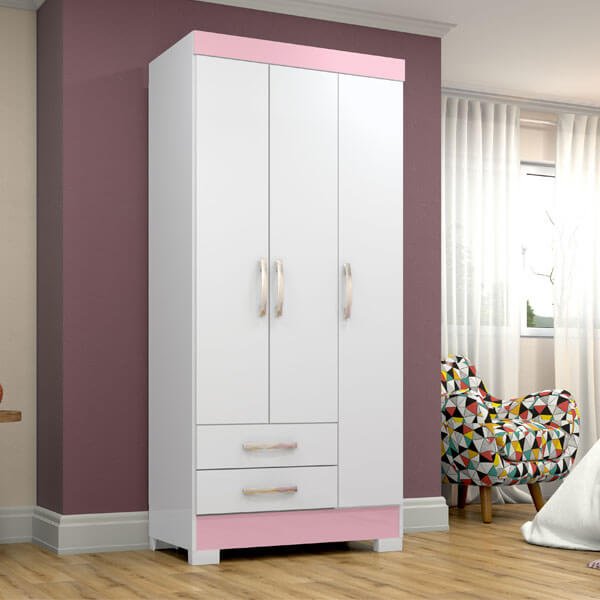 ROPERO 3 PUERTAS 2 CAJONES BE16 BLANCO|ROSA FLEX