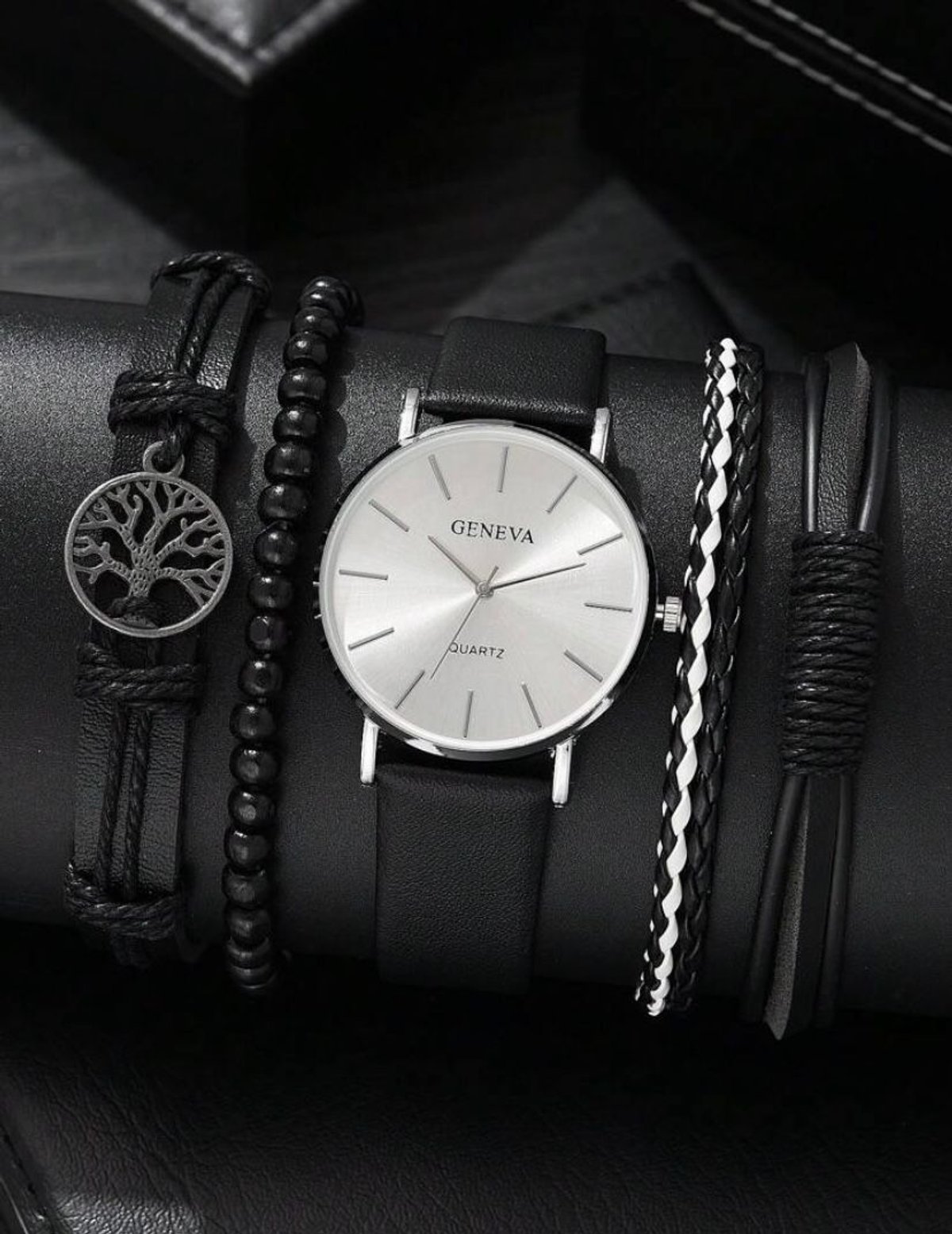 Reloj Geneva negro + 4 pulseras