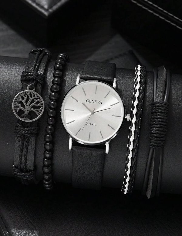 Reloj Geneva negro + 4 pulseras