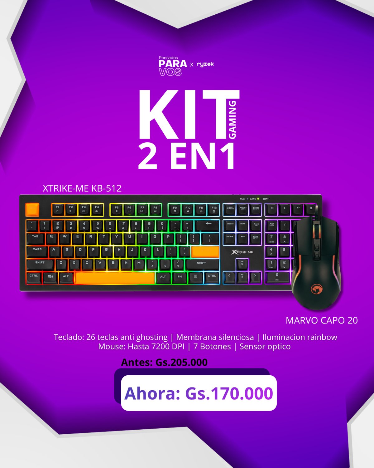 Kit Gaming Teclado Xtrike-Me KB-512 + Mouse Marvo Capo 20 Negro