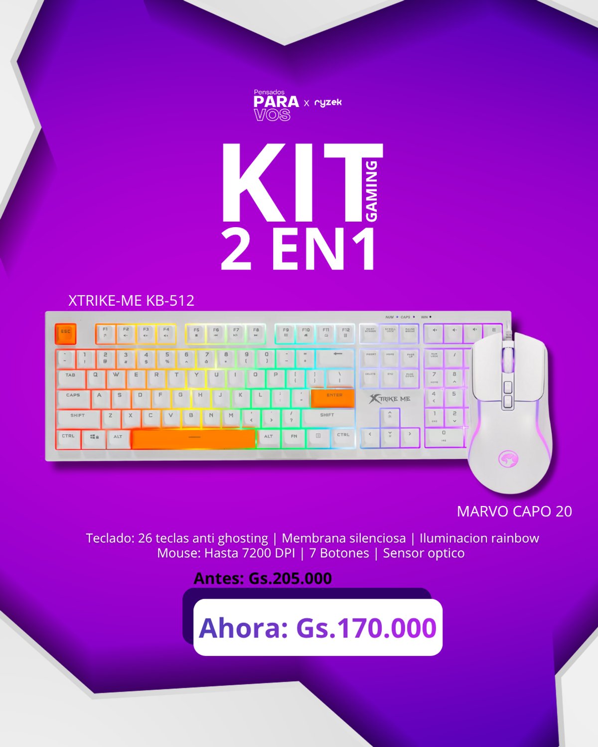 Kit Gaming Teclado Xtrike-Me KB-512 + Mouse Marvo Capo 20 Blanco