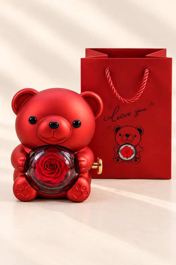 Osito Rojo con rosa eterna giratorio 