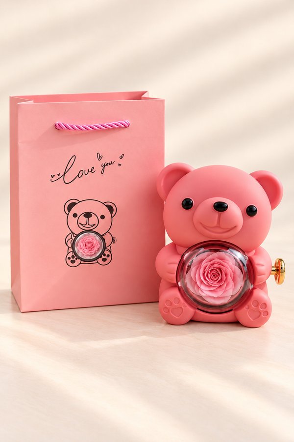 Osito Pink con rosa eterna giratorio 