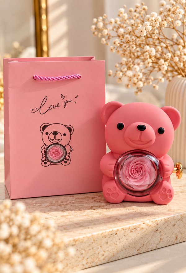 Osito Pink con rosa eterna giratorio 
