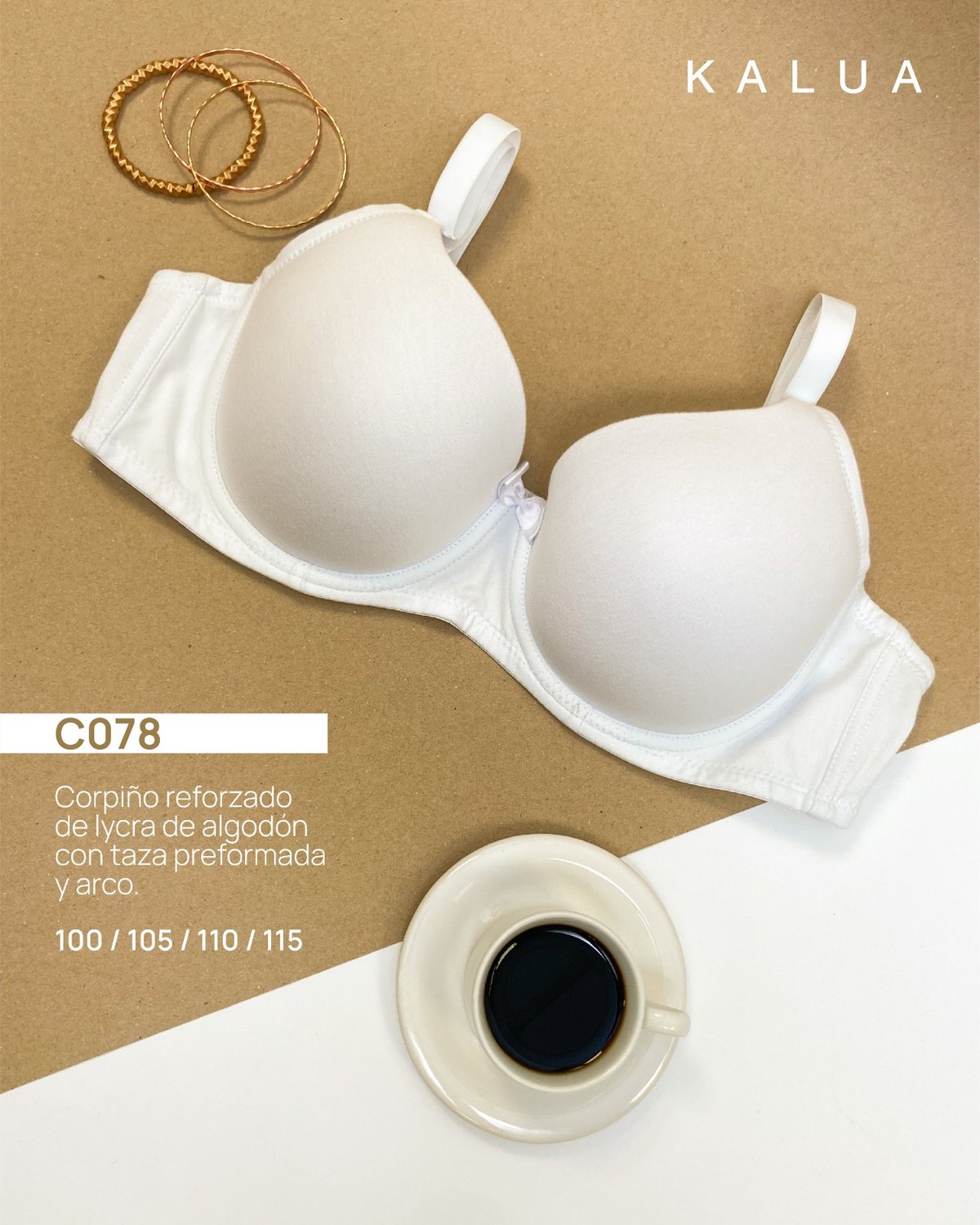 Corpiño con taza con arcos, bretel ancho regulable y desmontable.