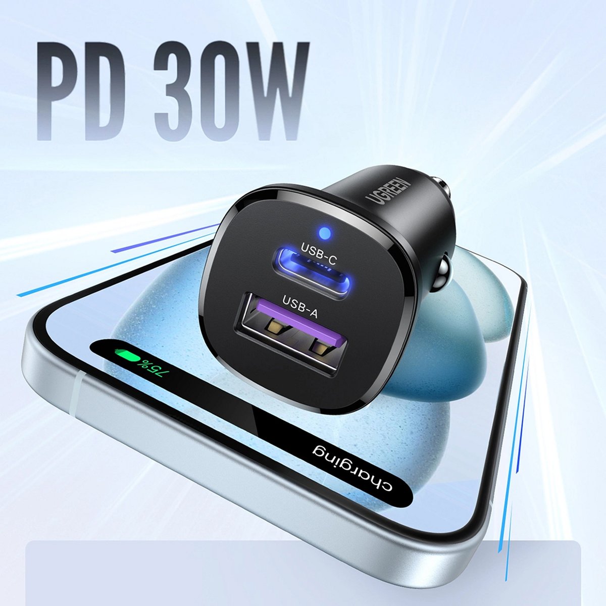 Cargador Dual para Auto 30W (USB-C + USB-A) - 2
