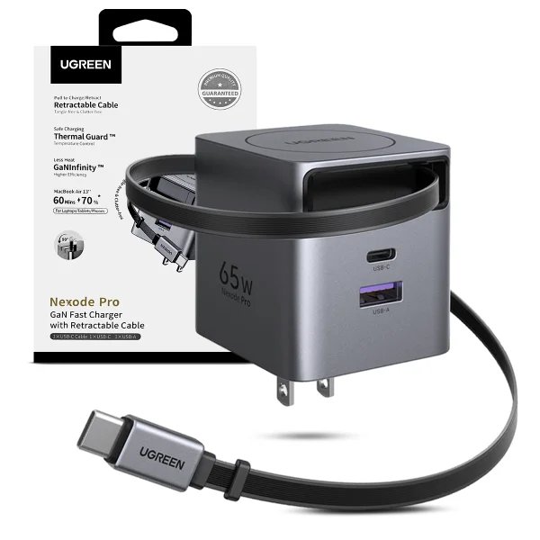 Cargador Rápido 65W GaN Nexode Pro con Cable Retráctil - UGREEN