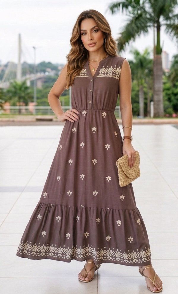 vestido de hilo de algodón bordado.